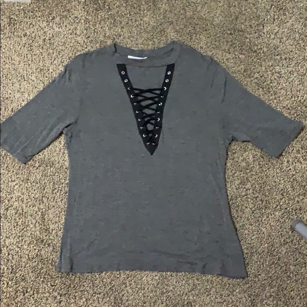 Grey v neck lace up top